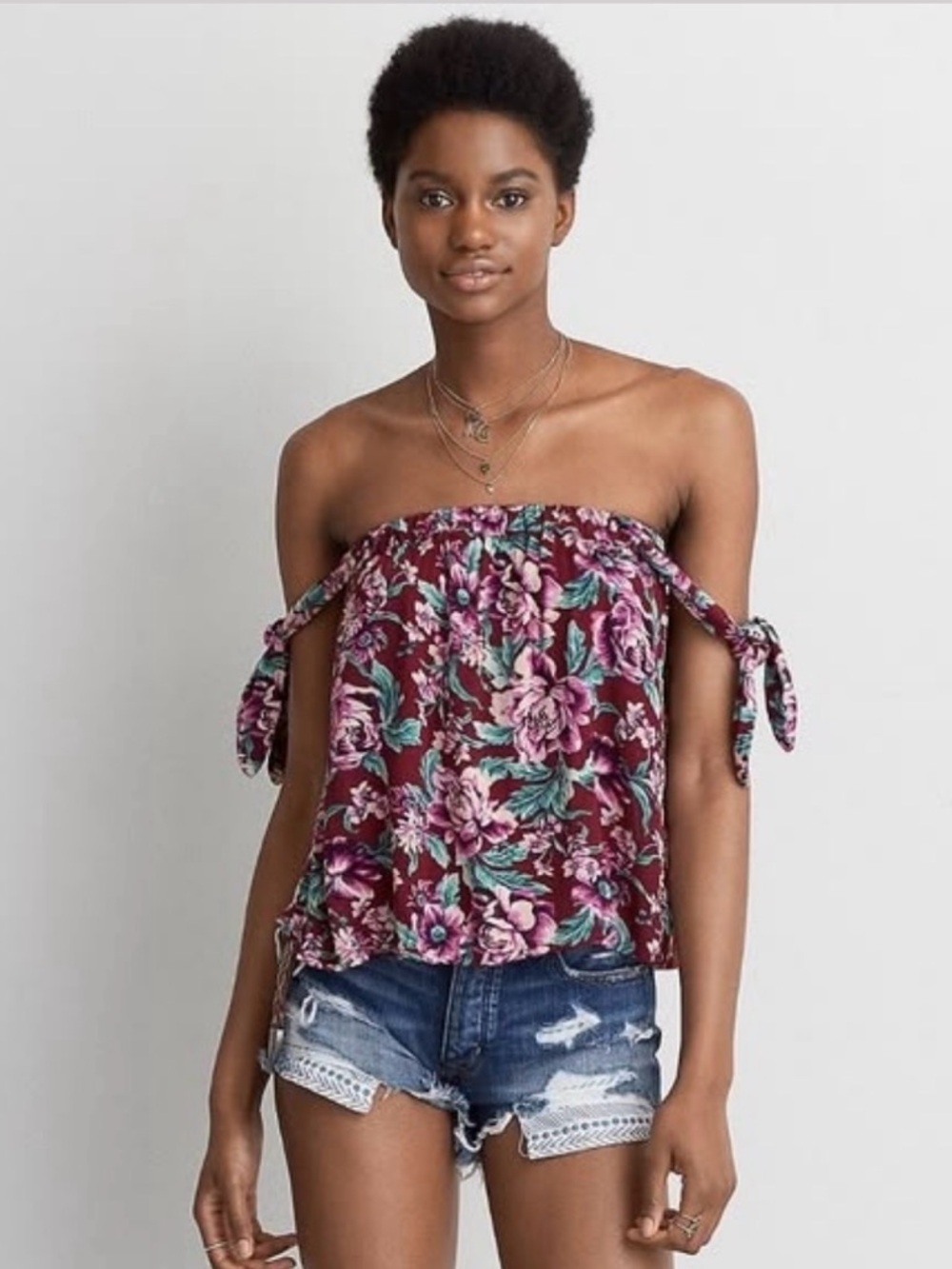 American Eagle Floral Burgundy Sleeveless Top